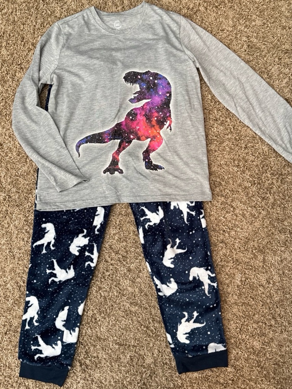 Kids Gray Galaxy Dinosaur Pajama Set - Long Sleeve Top & Navy Dino Pants